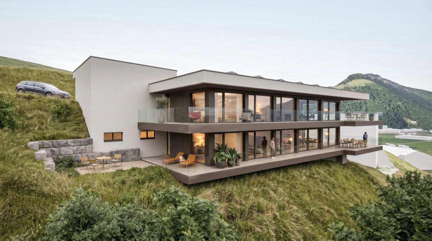 Zweigeschossiges Wohnhaus am Hang mit auskragenden Terrassen, eingebettet in die Wiesenlandschaft in der Abenddämmerung (Visualisierung)