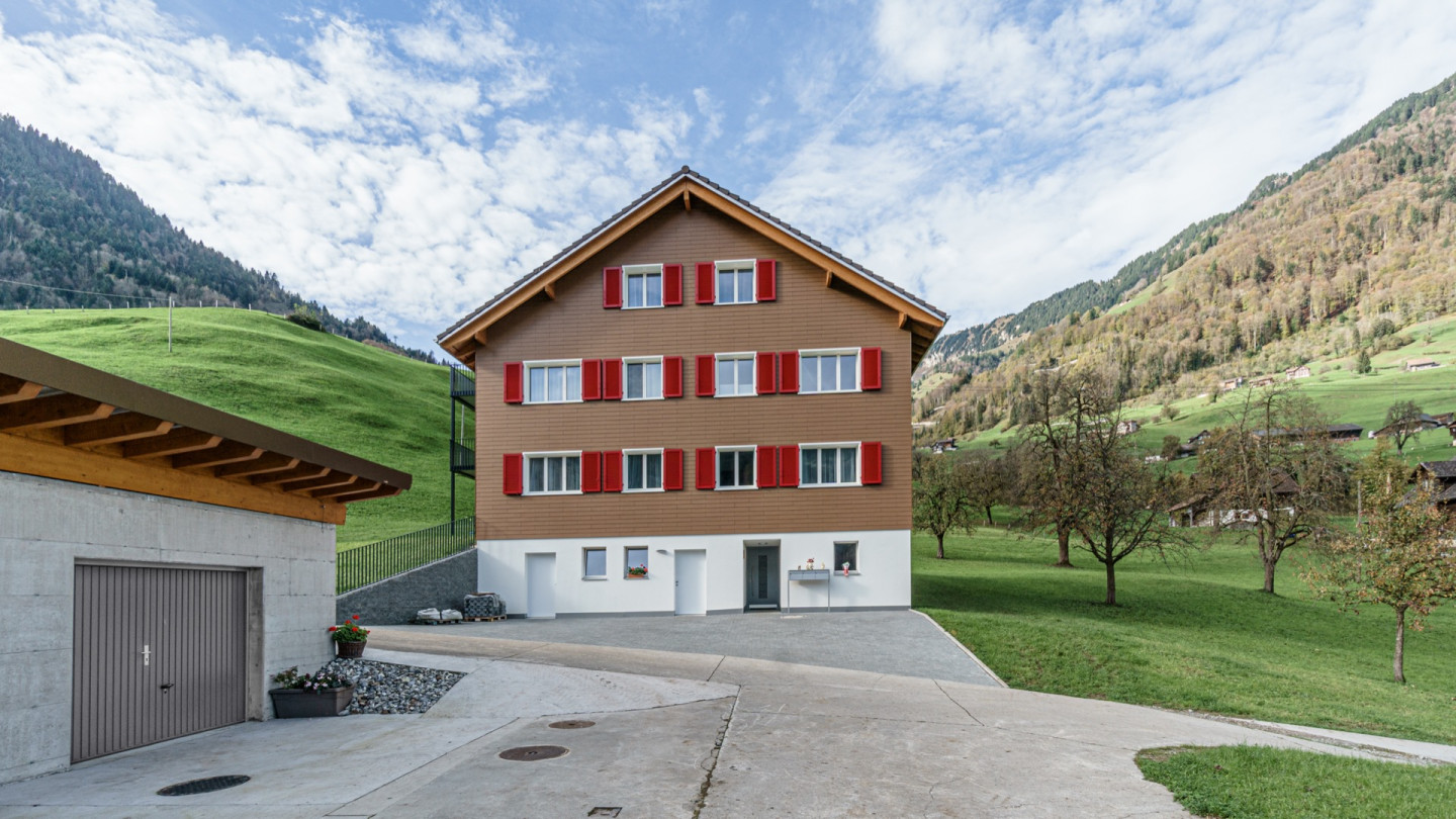 Strassenseitige Fassade mit roten Fensterläden und Zufahrt