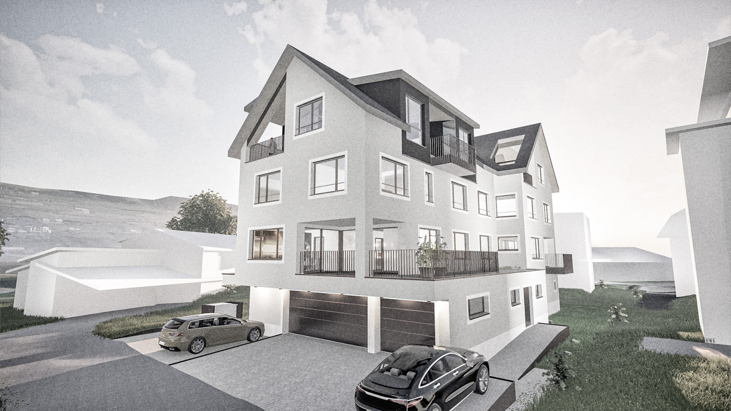 Mehrfamilienhaus mit Giebeldach, Balkonen und Garagenzufahrt (Visualisierung)
